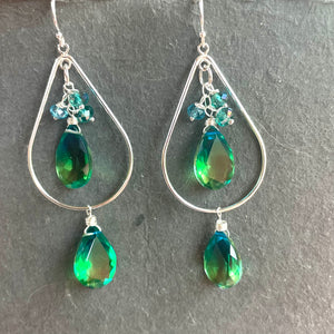 Paraiba to Emerald to Peridot Doublet Dangle Double Decker Hoop Earrings