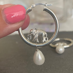 Elephant and pearl hoop earrings