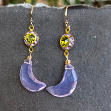 Load image into Gallery viewer, Lavender and Peridot Green Carved Moon Dangles