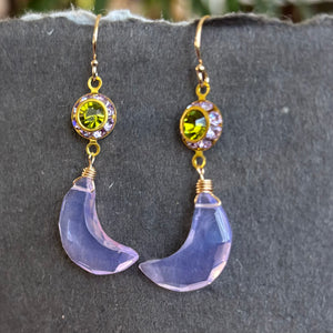 Lavender and Peridot Green Carved Moon Dangles