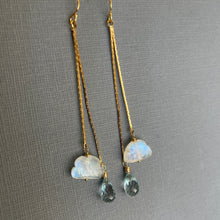 Load image into Gallery viewer, Spring Clouds Rainbow Moonstone and Blue Topaz Tassel Earrings