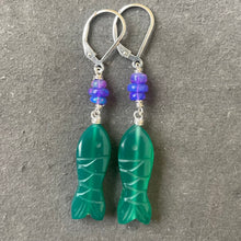 Load image into Gallery viewer, Carved Green Onyx and Opal Fish earrings