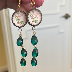 Emerald Green Floral Vintage Look Cascade Earrings