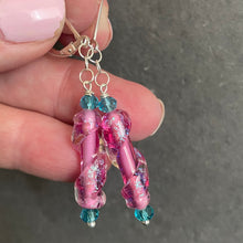 Load image into Gallery viewer, Dichroic Pink Murano Glass Dangle Earrings, Opal and Quartz, Metal options