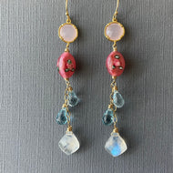 Moroccan Cut Moonstone, Vintage Glass, and Blue Topaz Long Dangles, OOAK