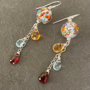 Sterling Version Klimt-ish Murano Glass and Gemstone Dangle Earrings