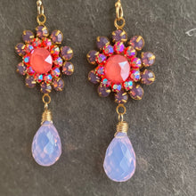 Load image into Gallery viewer, Lavender Opal, Coral Pink and Lavender Quartz Floral Teardrop Earrings