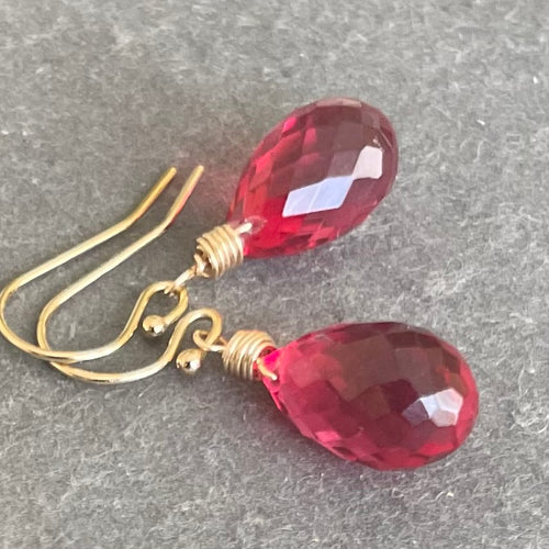 Ruby Red-Pink 13mm Teardrop Dangle Earrings