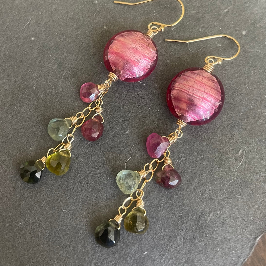 Pink Sands OOAK Murano Glass and Tourmaline Dangle Earrings