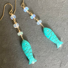 Load image into Gallery viewer, Carved Turquoise and Opal Fish earrings