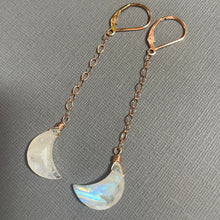 Load image into Gallery viewer, Moonstone Crescent Moon Dangles, 14k Rose Gold Filled, OOAK