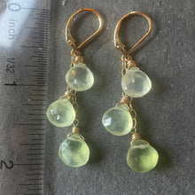 Load image into Gallery viewer, Prehnite trio cascade gold earrings, leverback, OOAK