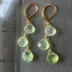 Prehnite trio cascade gold earrings, leverback, OOAK