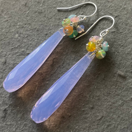 Spring Has Sprung, Opal and Lavender Quartz Elongated Teardrop Earrings, OOAK