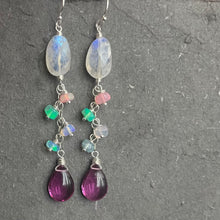 Load image into Gallery viewer, Rainbow Moonstone and a Pink to Emerald Green and Opal Dangle Earrings, OOAK