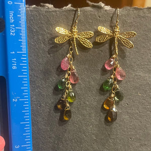 Rare Tourmaline Dragonfly Cascade Earrings, OOAK