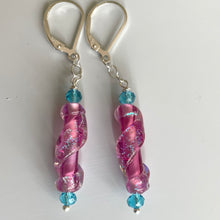 Load image into Gallery viewer, Dichroic Pink Murano Glass Dangle Earrings, Opal and Quartz, Metal options