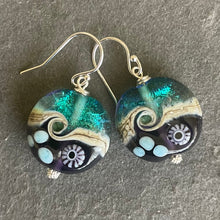 Load image into Gallery viewer, Sparkling Lampwork Violet and Teal Glass Ocean Surf Earrings