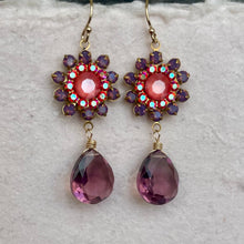 Load image into Gallery viewer, Lavender Opal, Coral Pink and Plummy Quartz Floral Teardrop Earrings