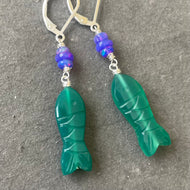 Carved Green Onyx and Opal Fish earrings