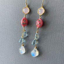 Load image into Gallery viewer, Moroccan Cut Moonstone, Vintage Glass, and Blue Topaz Long Dangles, OOAK