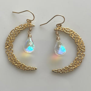 Fire Moonstone Crescent Moon Gold Vermeil Earrings