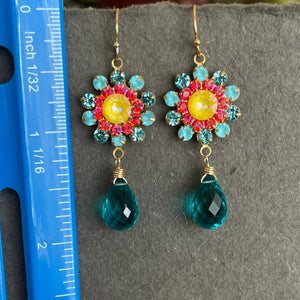 Aquamarine Opal, Yellow and Coral Pink Floral Dangle Earrings