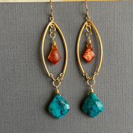 Chrysocolla and Sunstone Marquis Open Hoop Earrings, OOAK