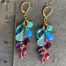 Load image into Gallery viewer, Kingman Turquoise, Chalcedony, Amethyst and Quartz Cascade Cluster Earrings, metal and earwire options