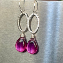 Load image into Gallery viewer, Magenta Quartz Oval Hoop Dangle Earrings