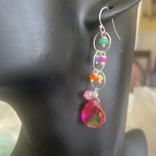 Load image into Gallery viewer, Color Lover Sapphire Pink to Peridot Green Doublet and Opal Dangle Earrings