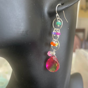 Color Lover Sapphire Pink to Peridot Green Doublet and Opal Dangle Earrings