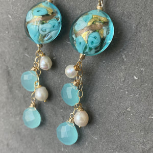 Blue Sweet Roses Murano Glass, Chalcedony and Pearl Dangle Earrings