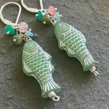 Load image into Gallery viewer, Calm Green Czech Glass and Opal Fish Earrings, OOAK