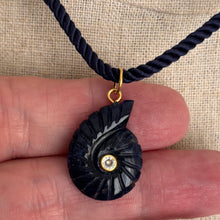 Load image into Gallery viewer, Sodalite and Cubic Zirconia carved Ammonite Necklace, Navy Cord