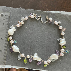 Vintage Estate Baroque Pearl Necklace, Amethyst, Peridot Carved Leaves