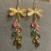 Load image into Gallery viewer, Rare Tourmaline Dragonfly Cascade Earrings, OOAK