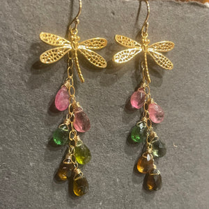 Rare Tourmaline Dragonfly Cascade Earrings, OOAK