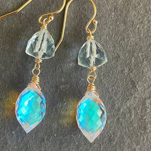 Load image into Gallery viewer, Aquamarine Quartz and Fire Rainbow Moonstone Dewdrop Dangles, metal choices