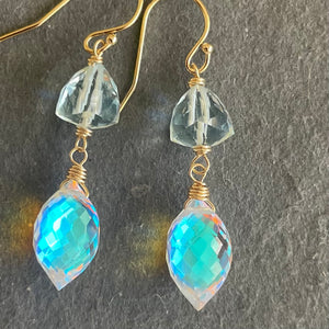 Aquamarine Quartz and Fire Rainbow Moonstone Dewdrop Dangles, metal choices