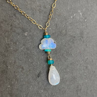 Rainbow Moonstone Raincloud and Raindrop Necklace in 14k Gold Filled