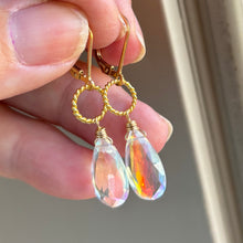 Load image into Gallery viewer, Rainbow Opalite Mini Hoop Earrings, OOAK, Elongated Pear