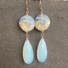 Load image into Gallery viewer, Lampwork Glass Surf Earrings, Elongated Opalite, Metal Options
