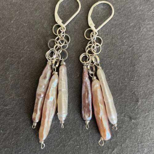 Japanese Biwa Freshwater Pearl Dangle Earrings, OOAK