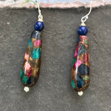 Load image into Gallery viewer, Ruby, Sapphire and Emerald Inlay Earrings- #6 OOAK