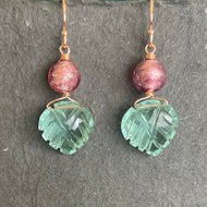 Aquamarine Carved leaf and Murano Glass Earrings, Metal Options