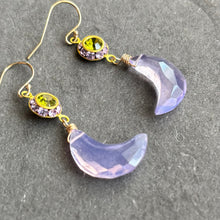 Load image into Gallery viewer, Lavender and Peridot Green Carved Moon Dangles