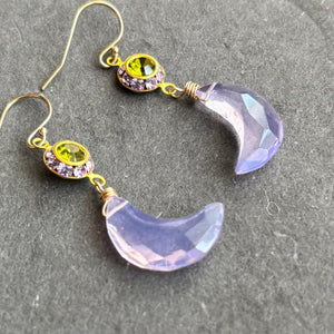Lavender and Peridot Green Carved Moon Dangles