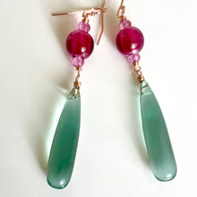 Load image into Gallery viewer, Cranberry and Aquamarine Elongated Teardrop Dangle Earrings, 14k Rose Gold Filled, #2