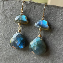 Load image into Gallery viewer, Raincloud and Raindrop Labradorite Earrings in sterling, rose gold or gold